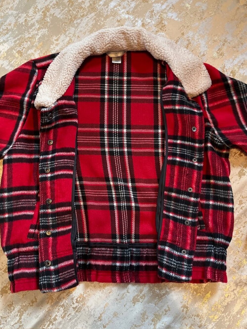 Christopher & Banks Fleece Jacket Womans Small Red Black Plaid Faux Fur Collar - Picture 10 of 15